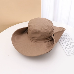 Detail of khaki wide brim sun hat showing metal side vents and reinforced stitching