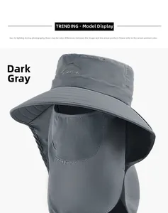 Detail of dark grey sun hat featuring breathable mesh face mask and neck flap protection