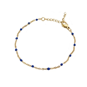 Bohemian gold chain bracelet with blue enamel beads and adjustable lobster clasp closure