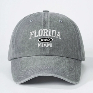 Detailed embroidery of Florida 1822 Miami on gray washed cotton baseball cap