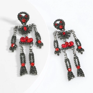 Gothic articulated skeleton earrings with black metal and sparkling red crystals