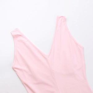 Close-up of pink deep V-neck sleeveless bodysuit with fine knit texture and straps