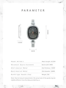 Detailed size specifications for the silver mesh band quartz watch with crystal case