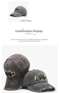 Detail of vintage washed cotton baseball cap with 1968 3D embroidery and distressed edges