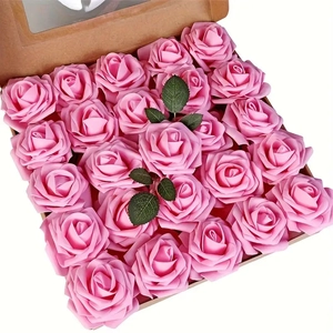 Detail of 25 pink PE foam roses with green leaves in a kraft paper gift box