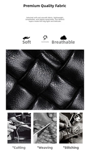 Detail of black woven leather texture showing soft, breathable, and handmade craftsmanship