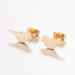 Minimalist gold bird stud earrings in stainless steel with a sleek polished finish