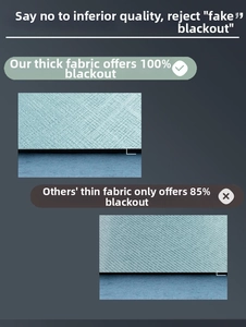 Detail of thick light blue fabric showing 100% blackout effect and woven texture