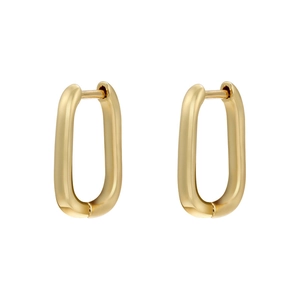 Minimalist 18K gold plated oval hoop earrings with a polished surface on white background