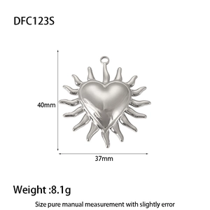 Silver sunburst heart pendant specs with 40mm height and 8.1g weight for DIY jewelry