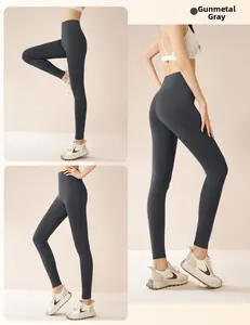 Detailed back and side view of high-waisted gun grey thermal yoga leggings for women