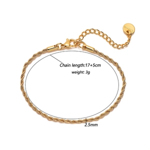 Gold stainless steel twisted rope chain bracelet with lobster clasp and extension chain