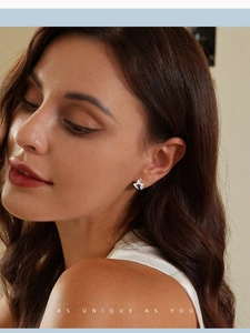 Close-up model shot of S925 sterling silver hollow star ear cuffs for women