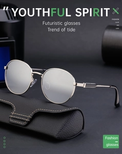 Close-up of retro round silver sunglasses on a premium black leather texture case