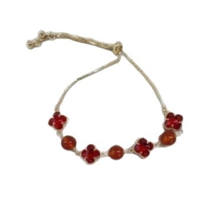 Handmade beaded flower bracelet with red crystals and adjustable drawcord woven rope