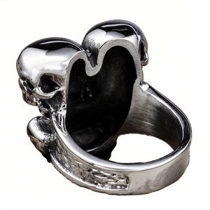 Gothic punk double skull open ring in vintage polished stainless steel for men