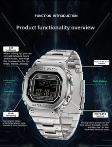 Macro shot of silver stainless steel digital sports watch showing 50M water resistance
