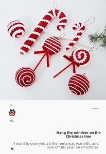 Close-up of red and white candy cane ornaments with glitter texture for Christmas tree