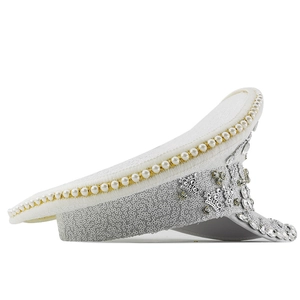 White captain hat with silver sequins, pearls and rhinestone crown for party festival