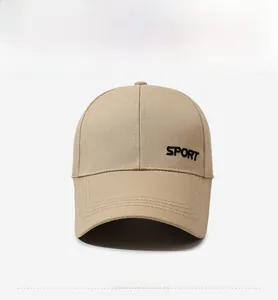 Close-up of khaki cotton baseball cap featuring black 'SPORT' embroidery on the side