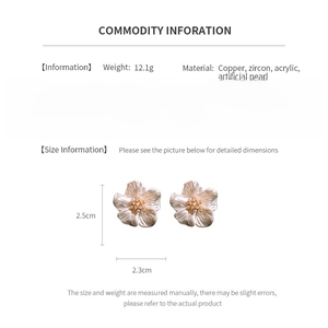 Detailed technical info of gold plated zircon flower earrings with artificial pearls