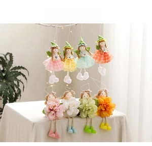 Detailed view of eight assorted spring flower girl hanging dolls for Easter party decor