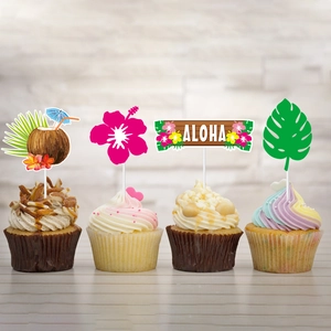 Tropical Hawaii cake toppers featuring coconut, hibiscus, aloha sign and monstera leaf decor