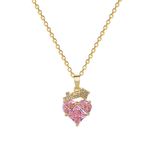 Elegant gold titanium steel necklace with a sparkling pink heart-shaped zircon pendant