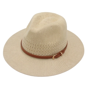 Italian vintage cream wool felt fedora with a wide brim and brown leather belt detail
