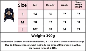 Detailed size chart for navy argyle crewneck sweater including S, M, and L dimensions