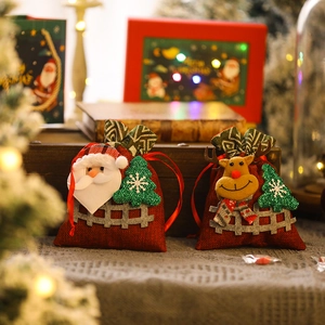 Christmas gift drawstring bags with Santa and elk 3D dolls on red burlap fabric