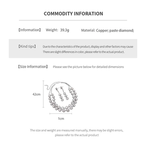 Size information and technical specifications for the rhinestone flower necklace and earrings set