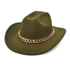 Close-up of army green wool felt fedora with a chunky gold chain accessory detail
