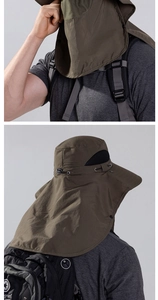 Detail view of olive green sun hat with breathable mesh and neck protection flap
