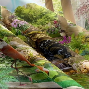 Makroansicht von gewebtem Wandteppichstoff mit Flamingo- und Wasserfall-Drucken
