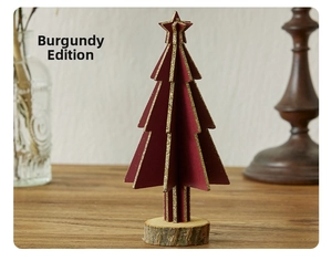 Detail of 3D burgundy wooden Christmas tree with gold glitter and natural log base