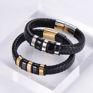 Men's braided leather bracelet set with 18k gold plated stainless steel magnetic clasps