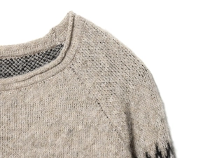 Close-up of crew neck and raglan sleeve details on the textured jacquard knit sweater