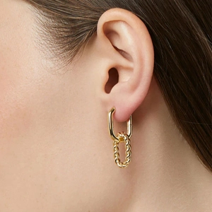 24k gold geometric square hoop earrings with twisted double ring design on model