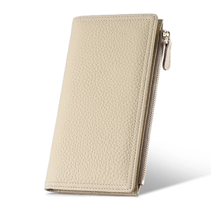 Elegant beige pebbled leather long wallet for women with high-quality metal zipper