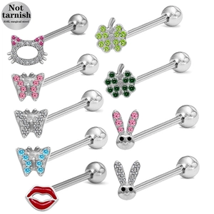 Barbell De Piercing De Langue Acier Chirurgical 316L Zircon Strass Animal Papillon Lapin Trèfle Lèvres Bijoux De Corps Hommes Femmes
