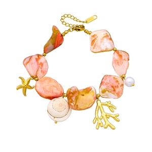 Bohemian gold stainless steel bracelet with pink stones, starfish and seashell charms