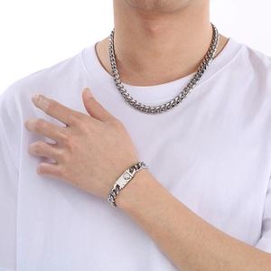 Polished silver stainless steel 10mm Cuban link chain necklace and bracelet set for men