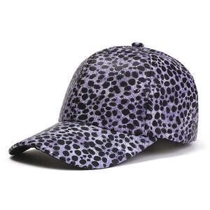 Fashionable purple leopard print baseball cap with textured finish and curved brim design