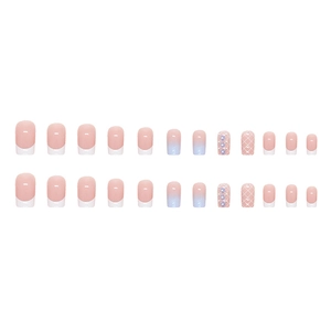 24er Set blaue und rosa Kunstnägel mit Blumenmuster und Perlenverzierung im Set