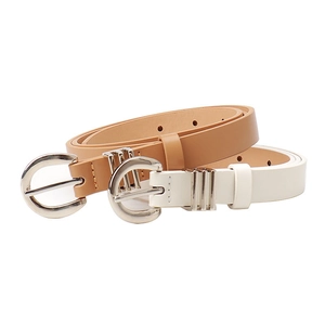 Minimalist faux leather belts in brown and white colors with silver D-ring buckles for women