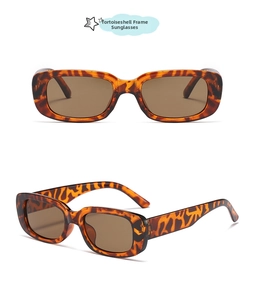 Detail view of tortoiseshell rectangle sunglasses with tea-colored protective lenses