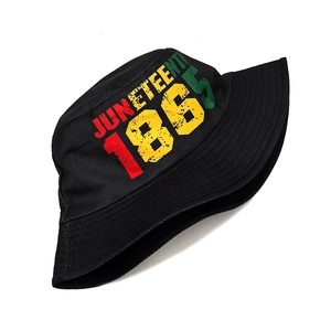 Detail of Juneteenth 1865 printed bucket hat with retro red yellow and green lettering
