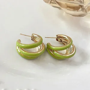 Green enamel heart-shaped C-style geometric hoop earrings with elegant gold finish plating