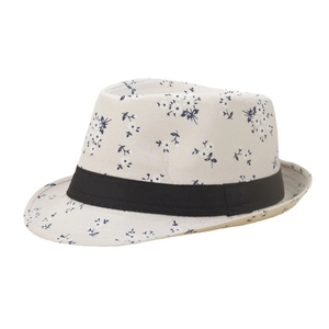 Beige floral sun hat with a wide black band and classic fedora style for summer